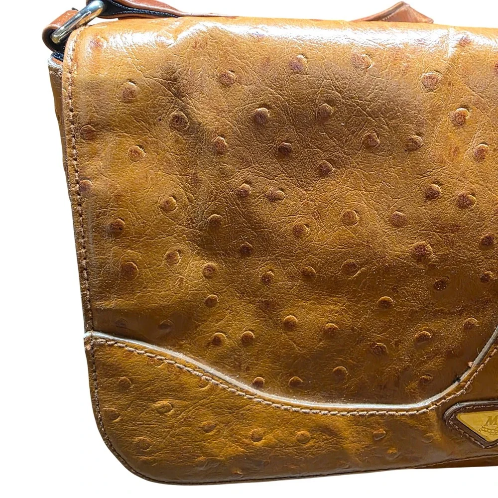 Y2K Vintage M.C. Faux Ostrich Embossed Shoulder Bag Cognac Brown Buckle Flap